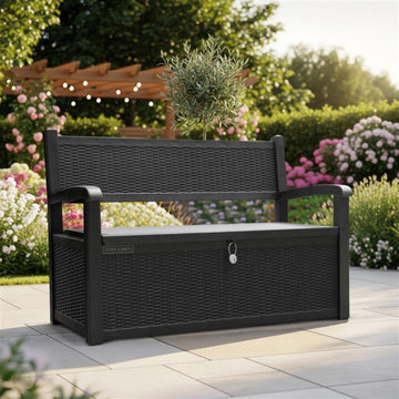 Olsen & Smith Outdoor Garden Storage Bench 265L – Weather-Resistant Rattan Effect Plastic Seat with Lockable Storage Box, Patio Furniture Chest for Tools, Cushions & Toys – Black